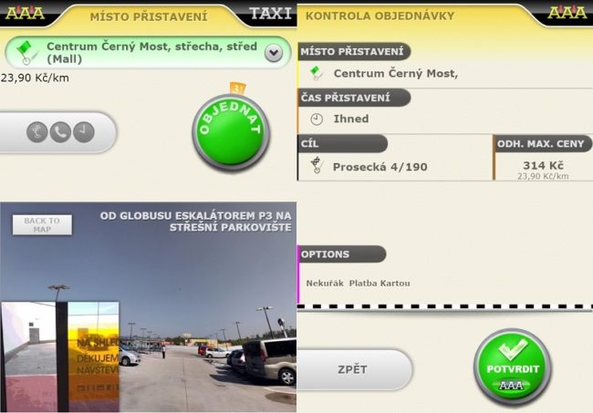 Navigace k místu přistavení vozu a potvrzení objednávky