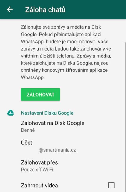Nastavení zálohování na Disk Google v aplikaci WhatsApp pro Android