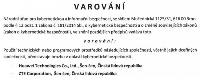 Varování NÚKIB před používáním technických nebo programových prostředků společností Huawei a ZTE.