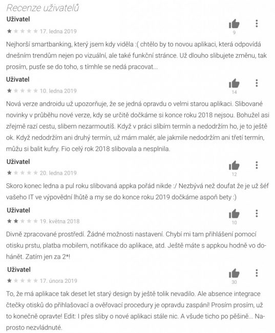 Uživatelské recenze Fio banky upozorňují na zastaralý design, absenci podpory čtečky otisků prstů a špatnou kompatibilitu s Androidem 9.0.