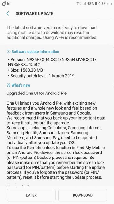 Samsung Galaxy Note 7 Android 9