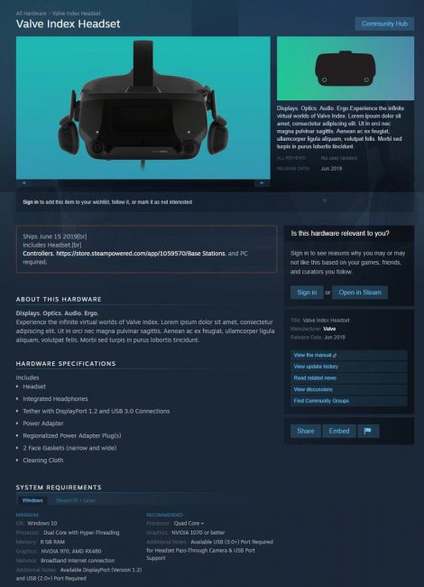 Valve Index leaked product page