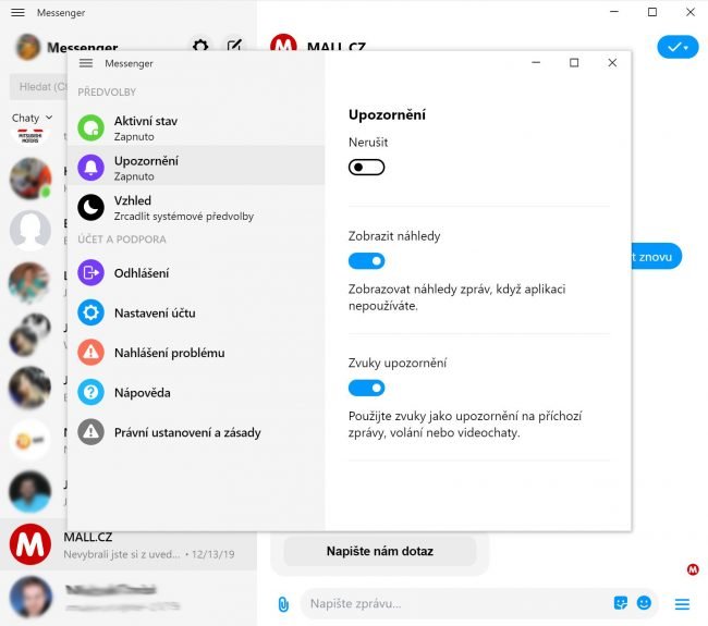 FB Messenger Windows nastaveni
