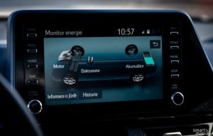 Toyota tradičně nabízí zobrazení informací o hybridním systému.