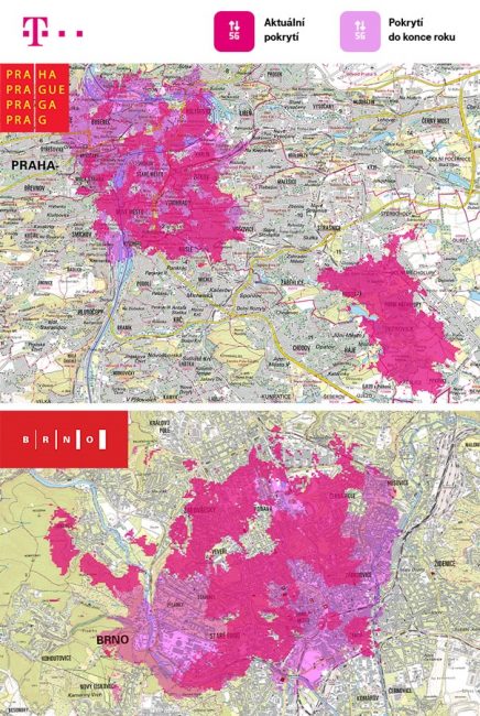 Mapa pokrytí 5G od T-Mobile (Praha & Brno) Mapa pokrytí 5G od T-Mobile (Praha & Brno)
