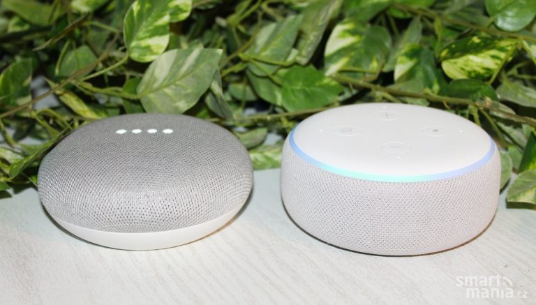 Google Home Mini a Amazon Echo Dot čekají na hlasový příkaz Aktivované reproduktory Google Home Mini a Amazon Echo Dot vedle sebe