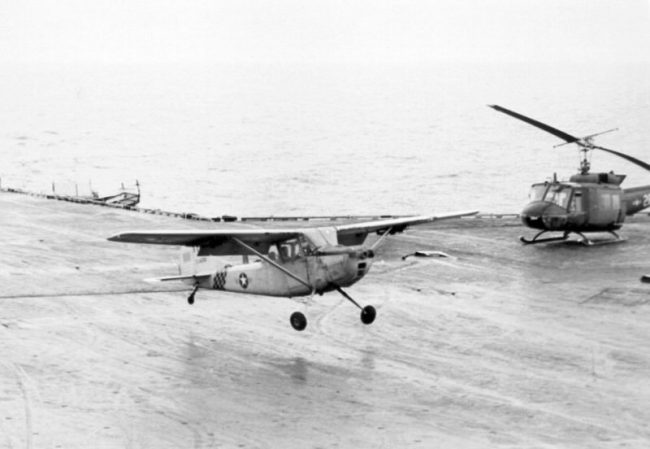 Major Buang lands his Cessna O 1 on USS Midway