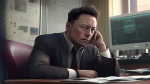 Elon Musk smutny sad Twitter kancelar office midjourney