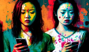 Čínské dívky s telefonem v ruce