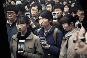 china demonstrace smartphony midjourney