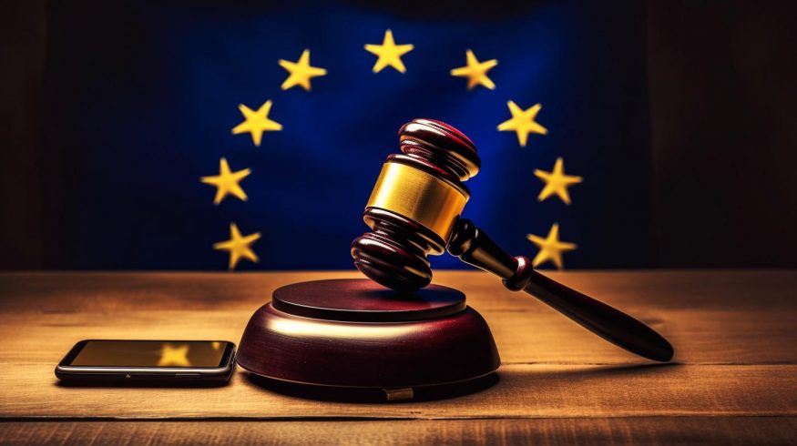 Evropská unie, soud, telefon Soudní kladívko s hvězdami EU okolo