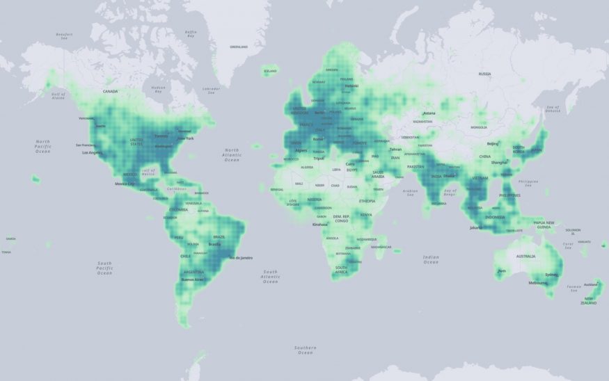 Mapa světa vytvořená na základě dat od Overture