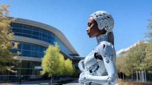 Žena v podobě umělé inteligence stojící před sídlem Apple Park v Cupertinu