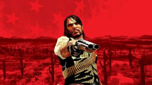 Hlavní hrdina hry John Marston s namířenou brokovnicí