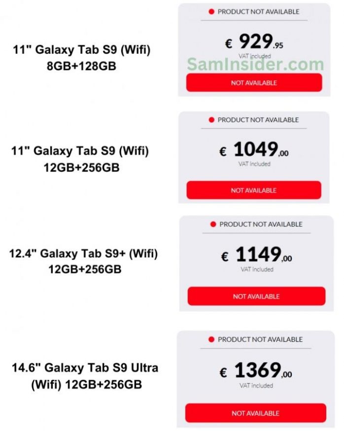 Tabulka s cenami tabletů Samsung Galaxy Tab S9