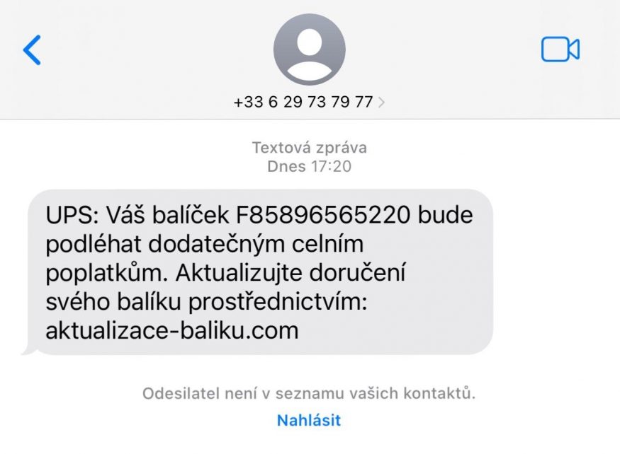 Znění podvodné SMS, která se vydává za zprávu od UPS Znění podvodné SMS, která se vydává za zprávu od UPS
