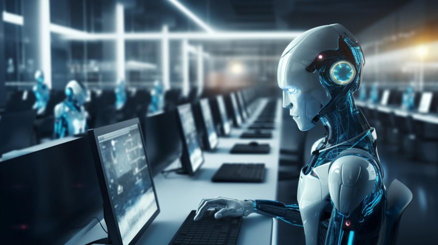 Umělá inteligence, robot sedící za počítačem
