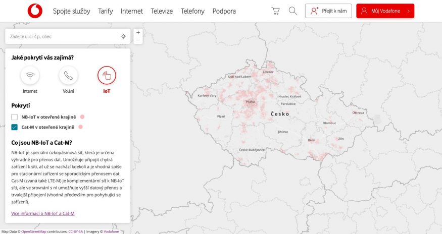 Mapa pokrytí Vodafone sítě Cat-M Mapa pokrytí Vodafone sítě Cat-M