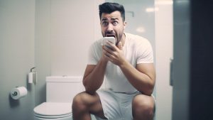 Muž sedí na toaletě a v ruce má smartphone