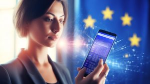 Žena s aplikací Evropské digitální identity (EUDI)