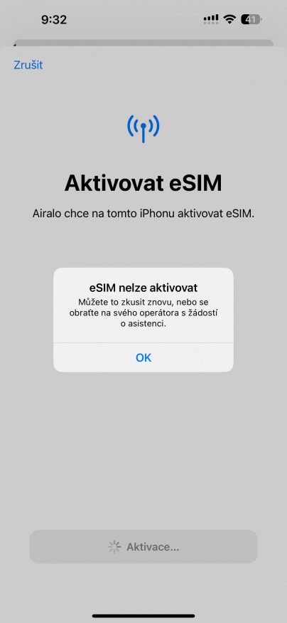 Problém s aktivací eSIM skrze aplikaci Airalo