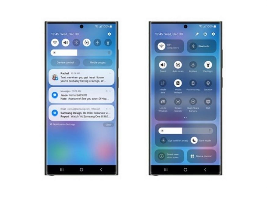 Screenshoty panelu rychlého spuštění z nadstavby Samsung One UI 6