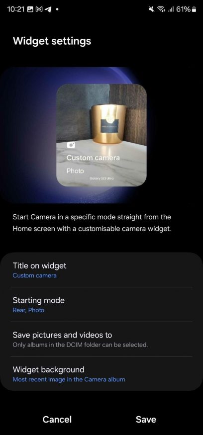 One UI 6.0: widget aplikace fotoaparát