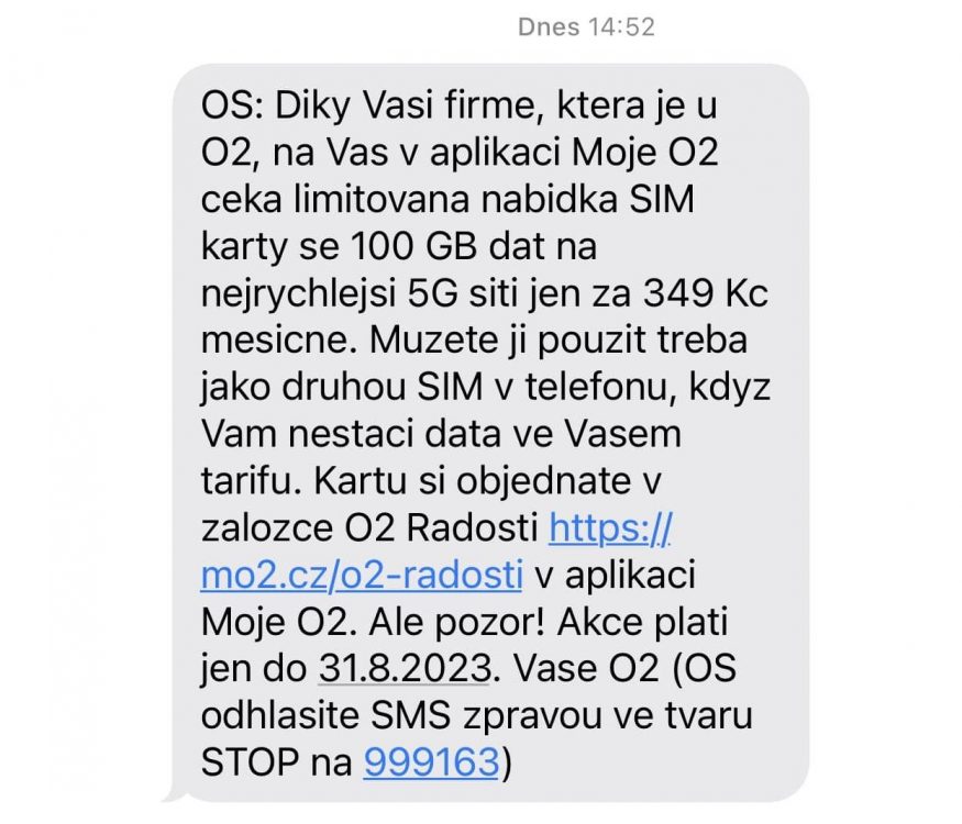 Exkluzivní SMS zpráva pro aktivaci 100GB SIM Datamánie