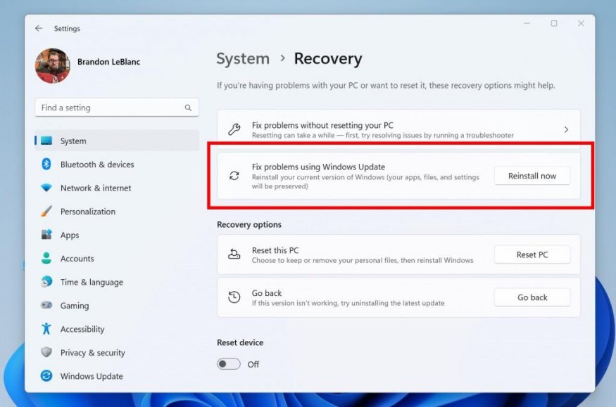Obnova systému z Windows Update