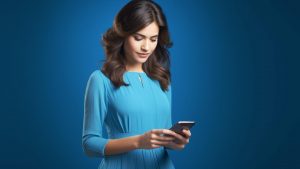 Žena v modrém drží v ruce smartphone