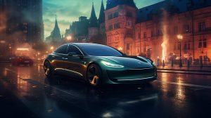 Futuristický koncept elektromobilu Tesla vygenerovaný umělou inteligencí