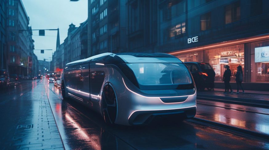 Futuristický koncept elektrického robotaxi Tesla vygenerovaný umělou inteligencí