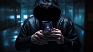 Hacker držící v rukou iPhone