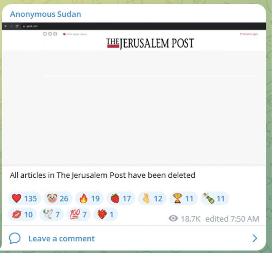 Skupina Anonymous Sudan se chlubila smazáním všech článků na webu The Jerusalem Post
