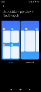 Screenshot MIUI - styly multitaskingu s velkými náhledy nebo kompaktním zobrazením