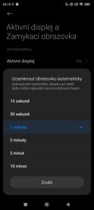 Screenshot MIUI s nastavením, kdy se mám vypnout displej