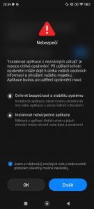 Screenshot MIUI - některá potvrzení vyžadují 10 sekund čekání