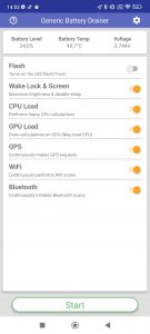 Screenshot s Generic Battery Drainer s naměřenou teplotou v produkční verzi MIUI