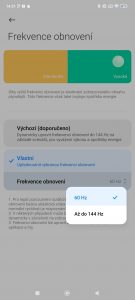 Screenshot s nastavením obnovovací frekvence displeje