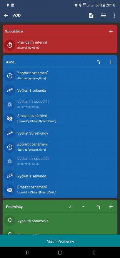 Macrodroid - rutina na AOD obrazovku Nastavení makra pro spuštění AOD obrazovky v předdefinovaném čase, časovém intervalu, zbývající energii v baterce a v reakci na vybrané aplikace