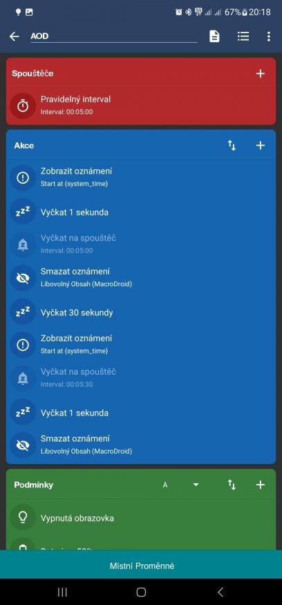 Nastavení makra pro spuštění AOD obrazovky v předdefinovaném čase, časovém intervalu, zbývající energii v baterce a v reakci na vybrané aplikace