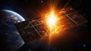 Solární panel ve vesmíru zachytávající energii ze slunce (ilustrační obrázek)