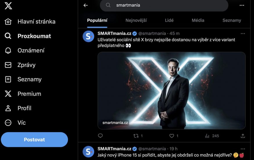 Snímek sociální sítě X (dříve Twitter) a jeho nového zobrazování odkazů