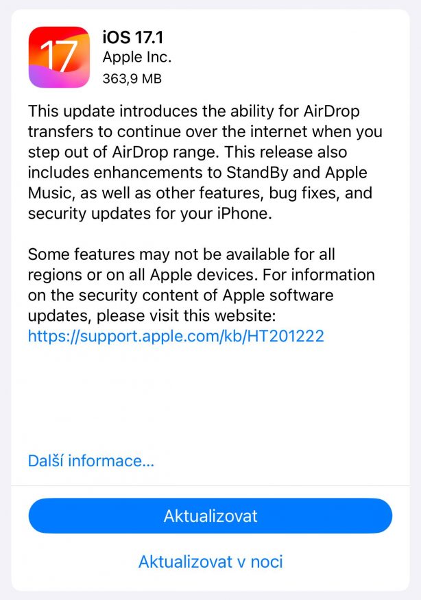 Oznámení o aktualizaci iOS 17.1 na iPhonu 15 Pro Max