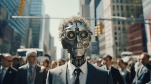 Úředník s hlavou robota v ulicích města New York, umělá inteligence (ilustrační obrázek)