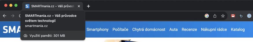 Využití operační paměti v prohlížeči Chrome Ukázka využití operační paměti otevřenou záložkou v prohlížeči Chrome