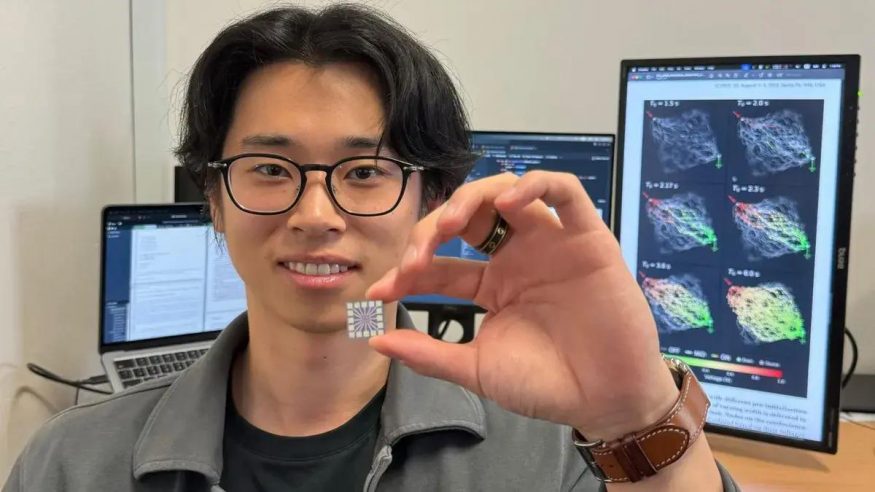 Ruomin Zhu, který drží v ruce speciální čip určený k řízení neuronové sítě z nanodrátků