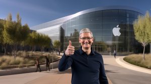 Tim Cook před před budovou Apple (ilustrační obrázek)