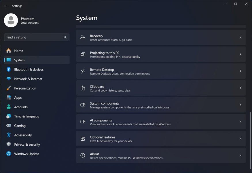 Možnost odinstalace komponent AI v systémovém nastavení