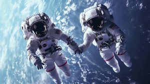 Pár astronautů, drží se za ruce